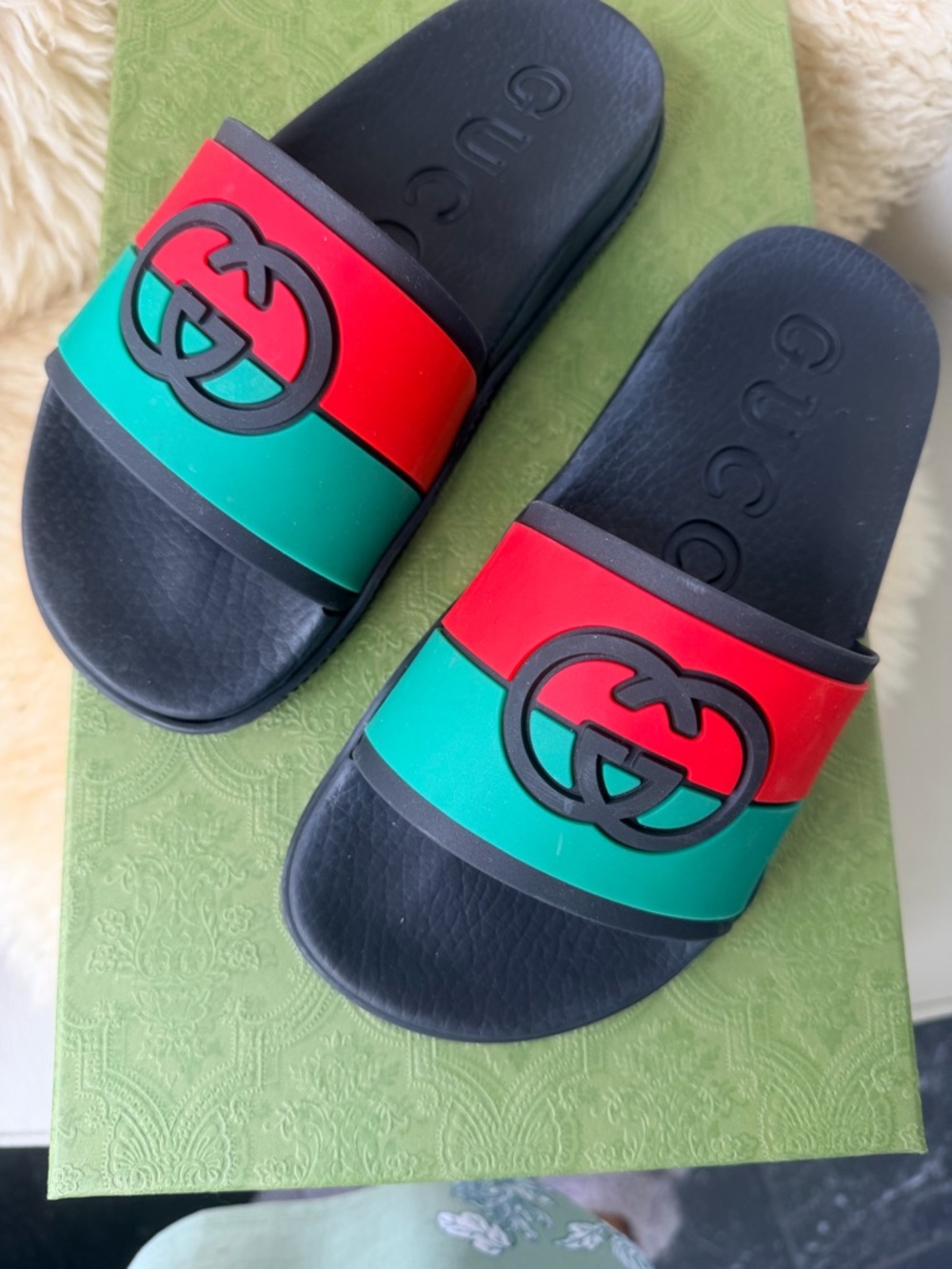 Gucci Black Slides with Red and Green Web Strap and Raised Logo - Picture 2 of 4